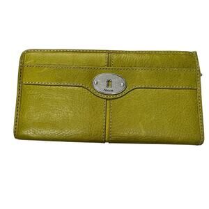 Fossil Green Leather Marlow Maddox Zip Clutch Wallet Boho Classic